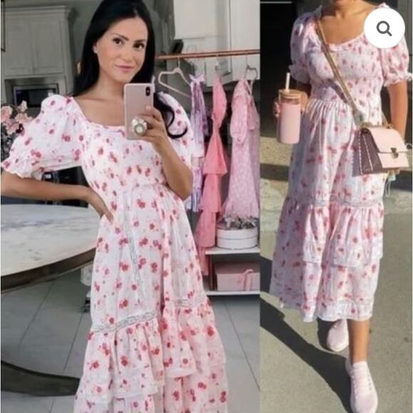 LoveShackFancy x Target Cosette Floral Smocked Midi Dress Pink White Size Small - Picture 1 of 6